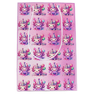 Sacola Para Presentes Média Festa de aniversário da Rapariga Axolotl rosa e ro