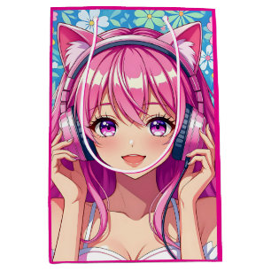 Sacola Para Presentes Média Festa de Aniversário de Menina de Anime Rosa Bonit