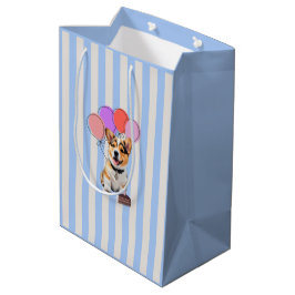 Sacola Para Presentes Média Festa de Aniversário do Corgi com Listras Azuis e 