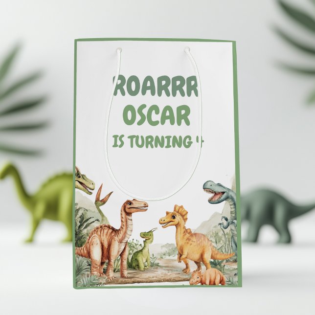 Sacola Para Presentes Média Festa de aniversário do Dinossauro em Andamento (Criador carregado)