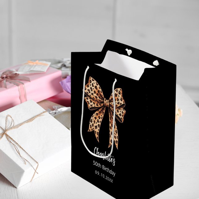 Sacola Para Presentes Média Festa de aniversário preta de impressão arco-leopa (Criador carregado)