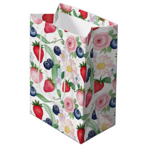 Sacola Para Presentes Média Festa de aniversário rosa de flores de morango