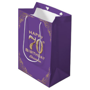 Sacola Para Presentes Média Festa de aniversário Roxo e quadro Glitter Dourado