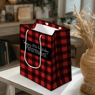 Sacola Para Presentes Média Festa de aniversário Russo Vermelho e Xadrez Negr