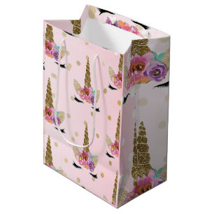 Sacola Para Presentes Média Festa de Aniversário Unicórnio Rosa e Dourado Corn