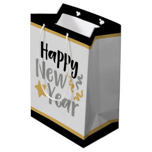 Sacola Para Presentes Média festa de Feliz ano novo de ouro preto elegante