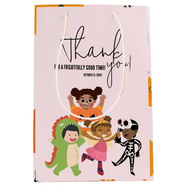 Sacola Para Presentes Média Festa de Figurino de Halloween Rosa para Crianças  (Frente)