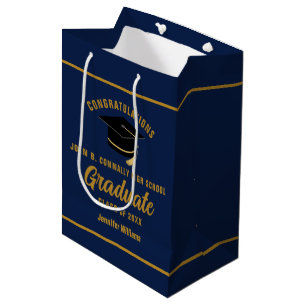 Sacola Para Presentes Média Festa de Graduação Personalizada Azul Marinho Dour