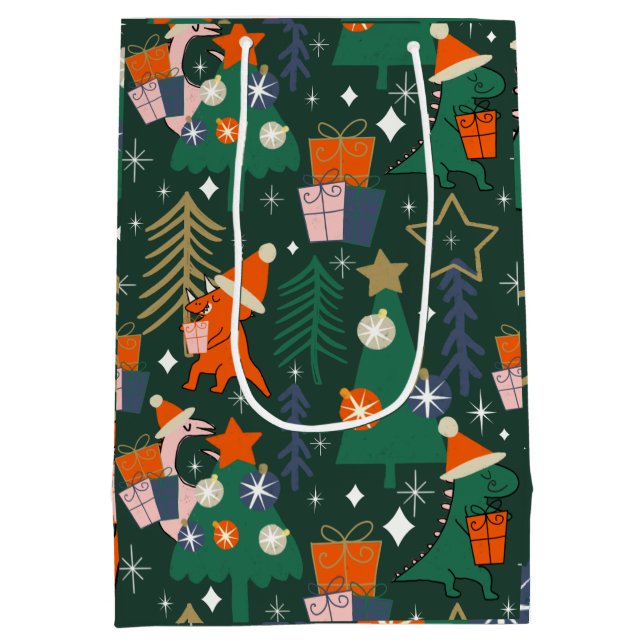 Sacola Para Presentes Média Festa de Natal do Dinossauro Verde (Verso)