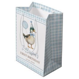 Sacola Para Presentes Média Festa de primeiro aniversario de Pato Sortudo Azul