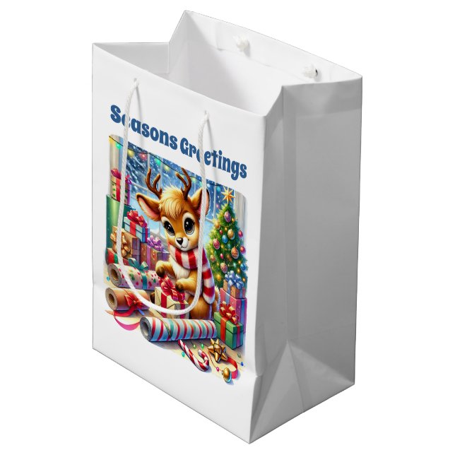 Sacola Para Presentes Média Festive Christmas customizable wrapping reindeer  (Frente inclinada)
