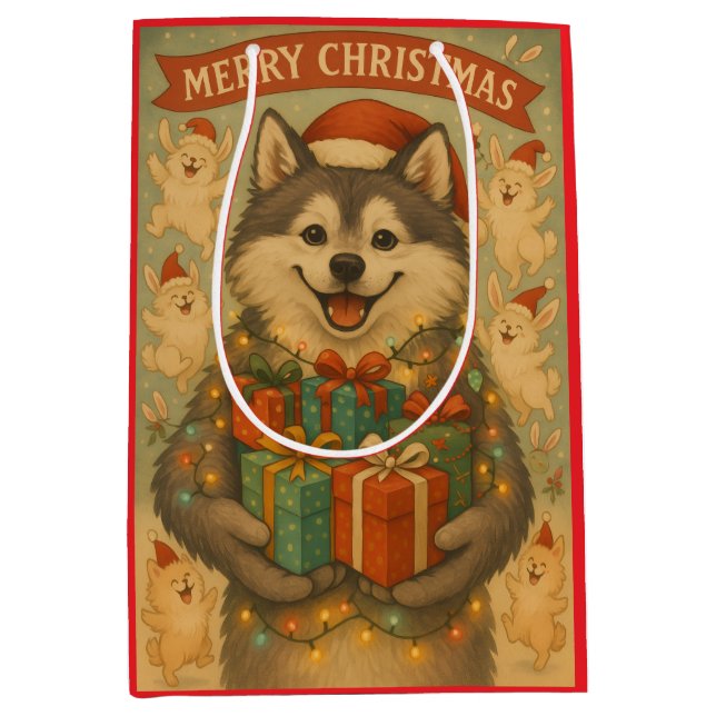 Sacola Para Presentes Média "Festive Christmas Dog" (Frente)