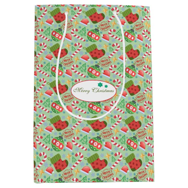 Sacola Para Presentes Média Festive Christmas – Holiday Icons with Stockings (Frente)