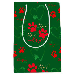Sacola Para Presentes Média Festive DOG PAW PRINTS and LOVE HEARTS Christmas