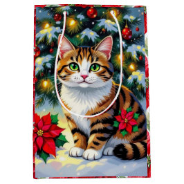 Sacola Para Presentes Média Festive Feline | Cute Christmas Cat