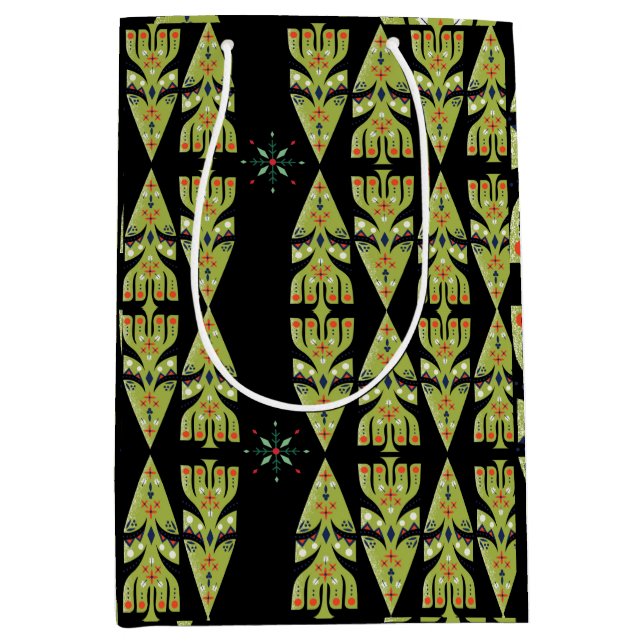Sacola Para Presentes Média Festive Gift Wrap Green Black Pattern (Frente)