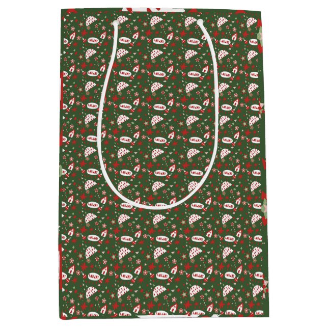 Sacola Para Presentes Média Festive Gift Wrap Green Black Pattern (Frente)