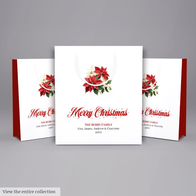 Sacola Para Presentes Média Festive Poinsettia Bouquet Botanical Christmas Bag (Festive Poinsettia Bouquet Botanical Christmas Bag)
