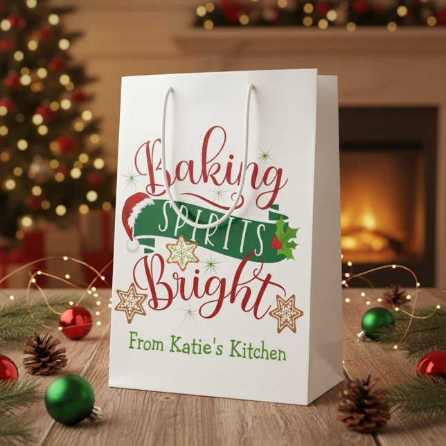 Sacola Para Presentes Média Festivo Baking Espíritos Brilhantes Natal (Festive Baking Spirits Bright Custom Christmas Medium Gift Bag)