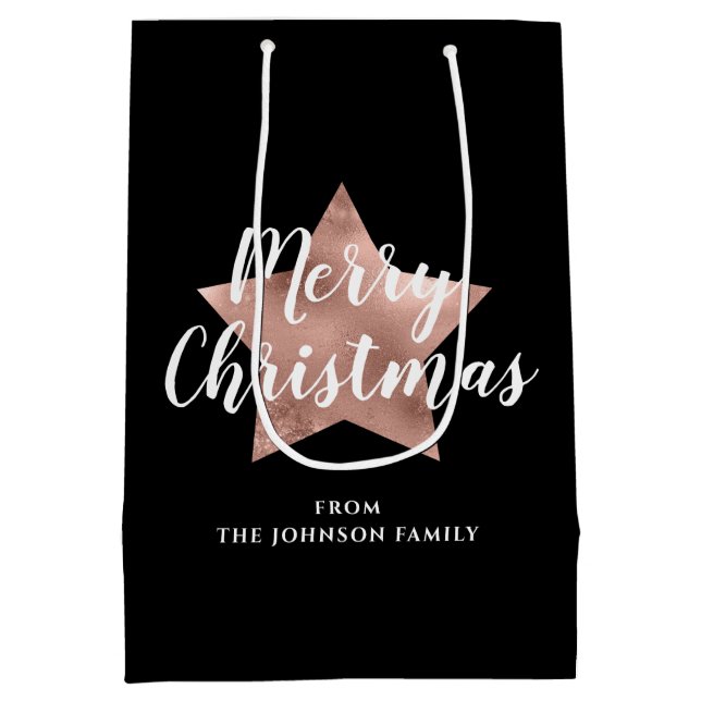 Sacola Para Presentes Média Festivo Black Rosa Dourado Star Feliz Natal (Verso)