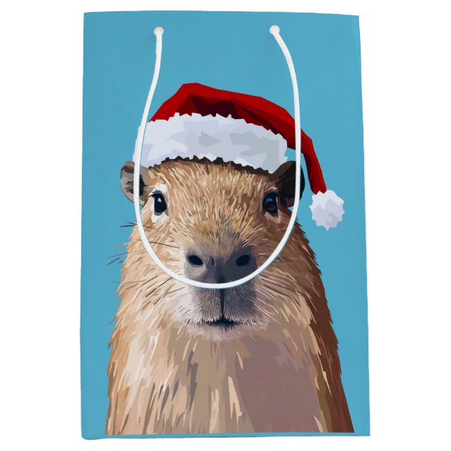 Sacola Para Presentes Média Festivo Capybara em Santa Hat (Frente)