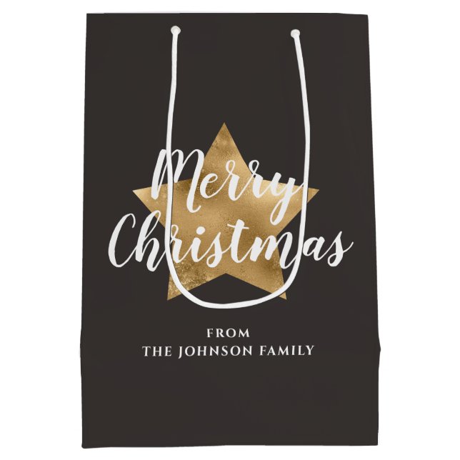 Sacola Para Presentes Média Festivo Taupe Brown Dourado Star Natal (Verso)