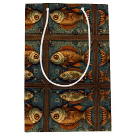 Sacola Para Presentes Média Fishes Steampunk Verde e Ouro castanho