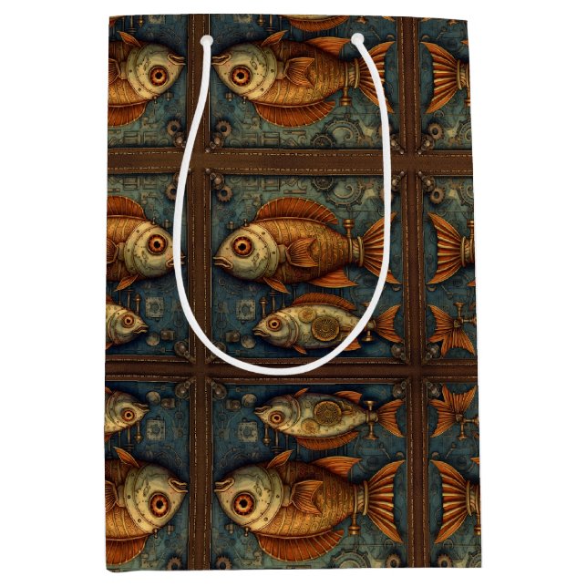 Sacola Para Presentes Média Fishes Steampunk Verde e Ouro castanho (Frente)