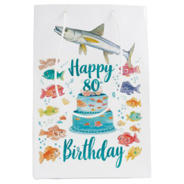Sacola Para Presentes Média Fishing Lover 80th Birthday Watercolor