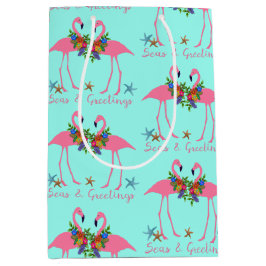 Sacola Para Presentes Média Flamengos e saudações Flamingos Turquoise Natal