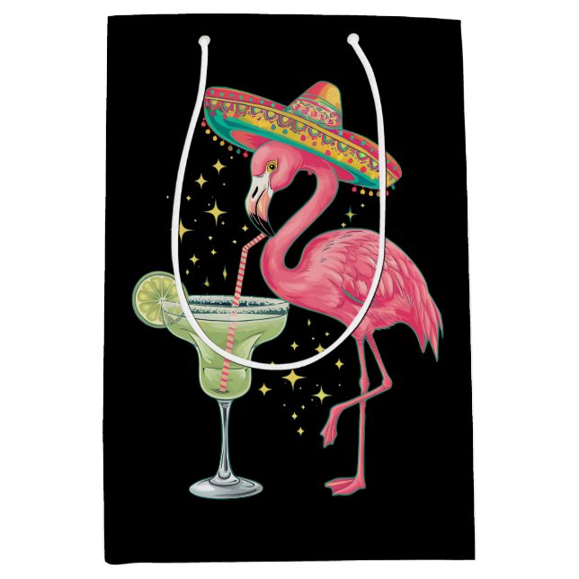 Sacola Para Presentes Média Flamingo Bebendo Margarita Engraçado Poncho Mexica (Frente)