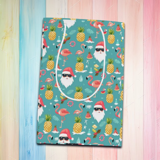 Sacola Para Presentes Média Flamingo Birds Papai Noel Natal em julho Festa (Criador carregado)