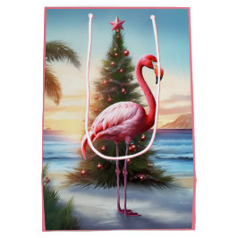 Sacola Para Presentes Média Flamingo rosa e praia tropical de árvore de Natal
