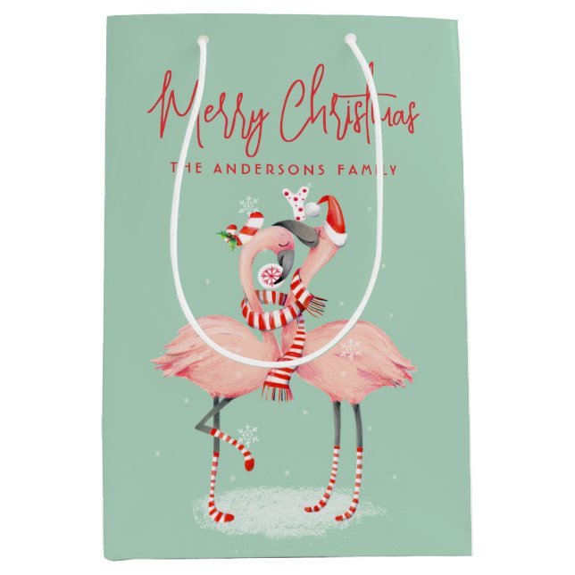 Sacola Para Presentes Média Flamingo Rosa Tropical Com Natal Com Papai Noel (Frente)