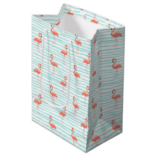 SACOLA PARA PRESENTES MÉDIA FLAMINGOS ROSAS E LISTRAS VERDES