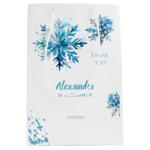 Sacola Para Presentes Média Floco de neve Aquarela Azul Inverno ONEderland