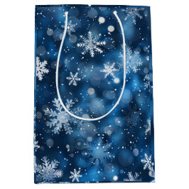 Sacola Para Presentes Média Floco de neve azul e branco Elegante Snowflake Bag