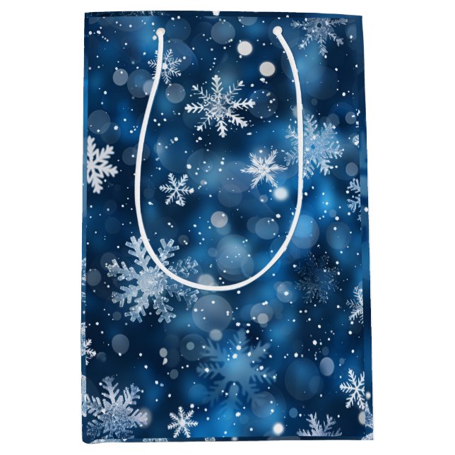 Sacola Para Presentes Média Floco de neve azul e branco Elegante Snowflake Bag (Frente)