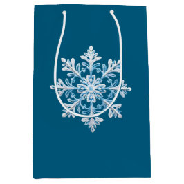 Sacola Para Presentes Média Floco de Neve de Natal Branco Teal Blue