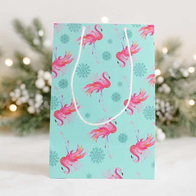 Sacola Para Presentes Média Floco de neve Flamingo Rosa de Natal (Pink flamingo xmas gift bags)