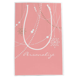 Sacola Para Presentes Média Floco de neve rosa elegante meio século inverno fo