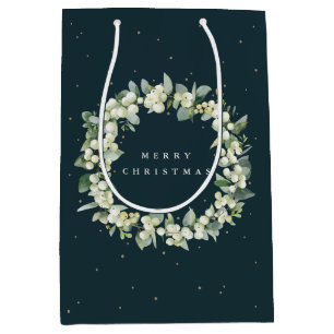 Sacola Para Presentes Média Floco de Neve Verde Escuro+Eucalipto Natal/Férias