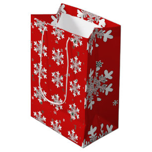 Sacola Para Presentes Média Flocos de Neve Brancos Rosa Vermelhos