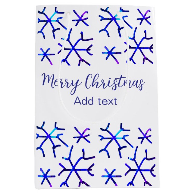 Sacola Para Presentes Média Flocos de neve brilhantes metálicos azuis Padrão d (Frente)