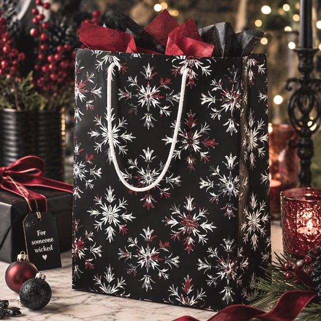 Sacola Para Presentes Média Flocos de Neve de Natal Gótico Preto & Vermelho (Criador carregado)