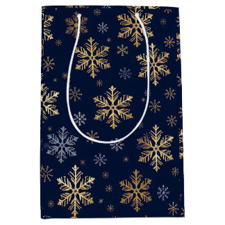 Sacola Para Presentes Média Flocos de Neve Elegantes em Dourado e Prata sobre