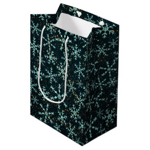 Sacola Para Presentes Média Flocos de neve espumantes Azul Branco no Céu Negr