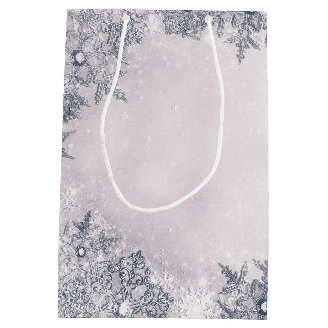 Sacola Para Presentes Média Flocos de Neve Natal Branco Elegante (Verso)