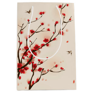 Sacola Para Presentes Média Flor asiática da ameixa da pintura do estilo no
