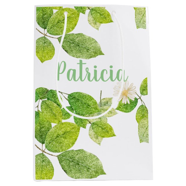 Sacola Para Presentes Média Flor Branco e Jardim de Folhas Verde (Frente)